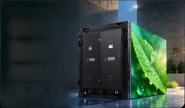 Two KAN Universal GOB LED cabinets joined to a video wall showing rain beading on a green leaf